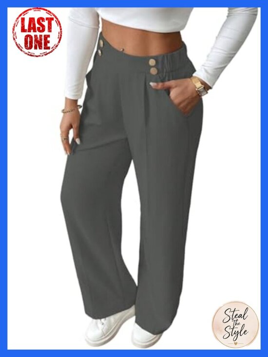Pants - Plus Size High Waisted Wide Leg Palazzo Pants with Pockets